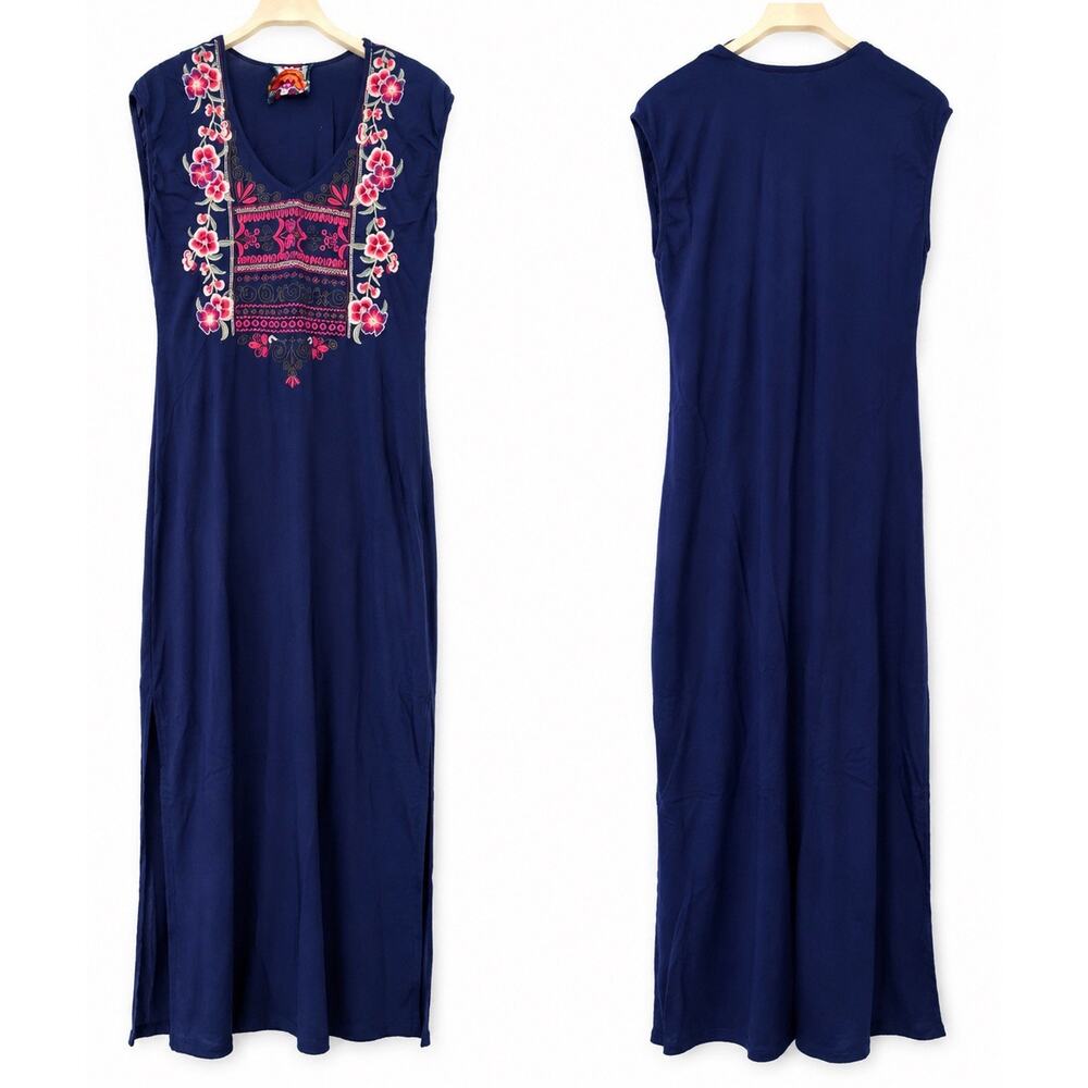 Johnny Was "Ariella" Side Slit Sleeveless Embroidery Maxi Dress Navy Blue size L